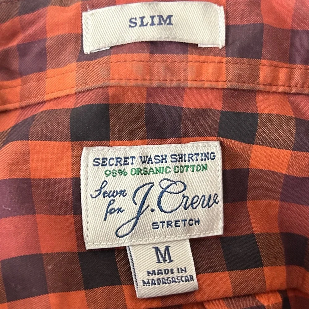 J. Crew Medium Slim Secret Wash Shirt Orange Gingham Stretch Button Down Mens